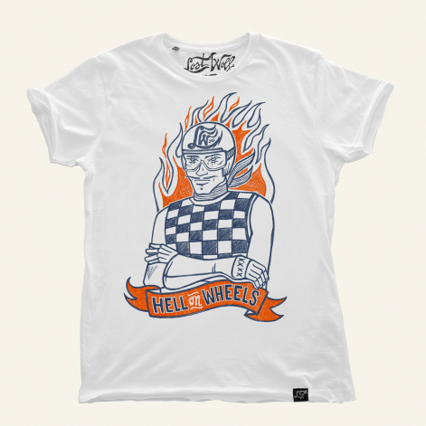 Camiseta Motera ON WHEELS color blanca azul naranja