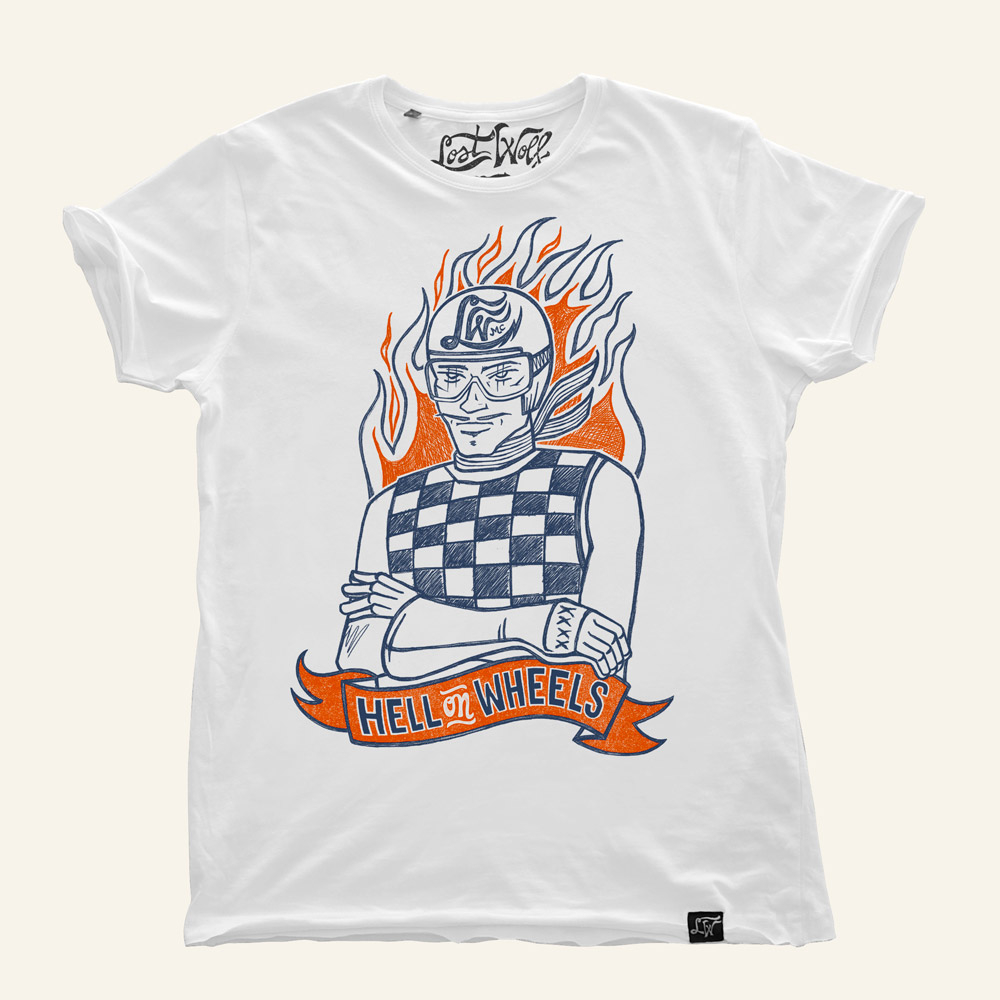 Camiseta Motera ON WHEELS color blanca azul naranja